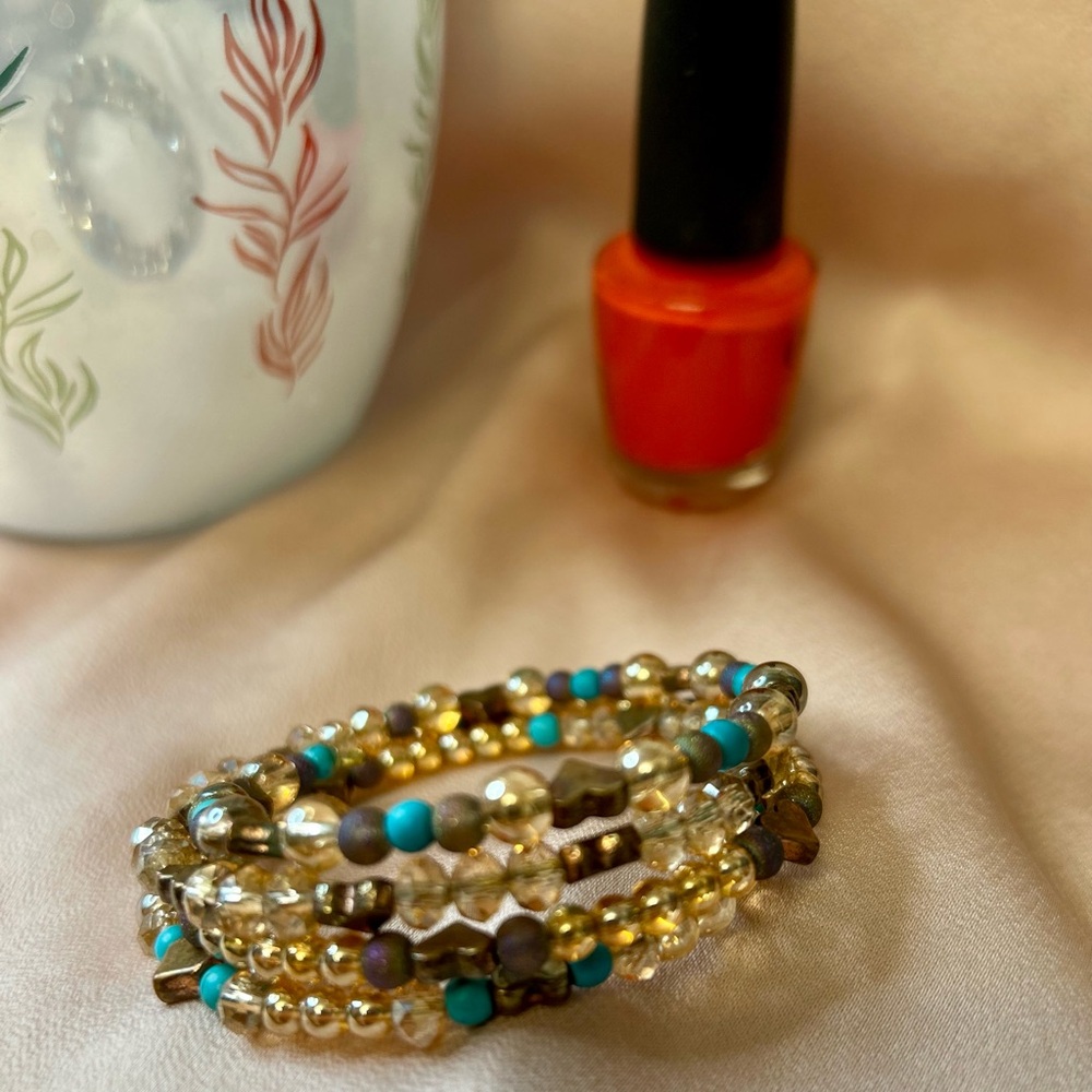 Multi-Strand Gold and Turquoise Beaded Wrap Bracelet